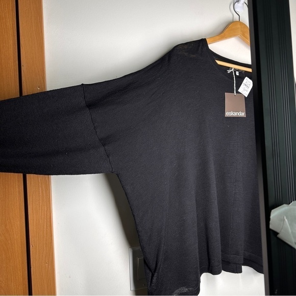 Eskandar Wide Round Neck Silk Linen Top in Black OS - Picture 2 of 6